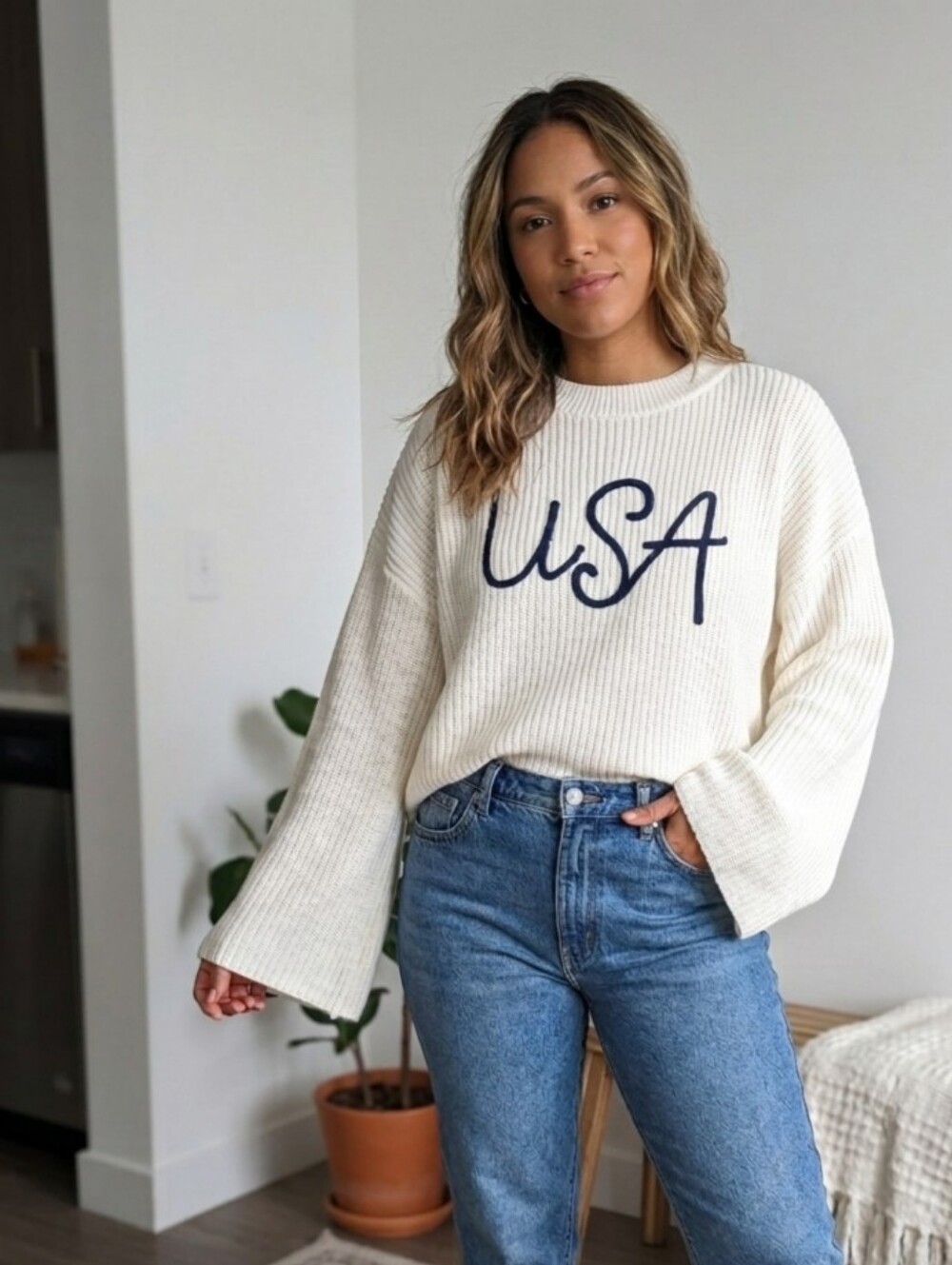 Moon & Madison NWT Cream USA Graphic Knit Bell Sleeve Cropped Sweater M